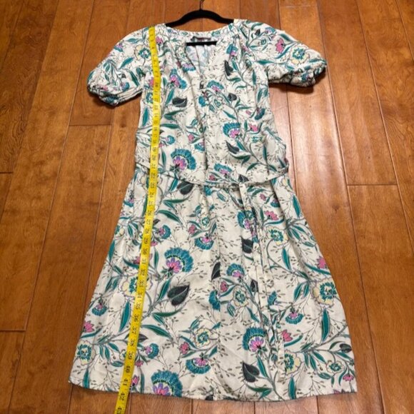 LOFT Womens Midi Dress Size M Linen Floral V-Neck Puff Sleeve Cottagecore Praire - Picture 6 of 10